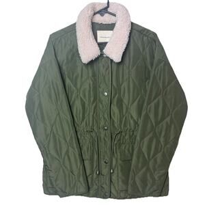 Womens L Sherpa Trim Jacket Cinched Waist Quilted Hunter Green Thread & Supply
